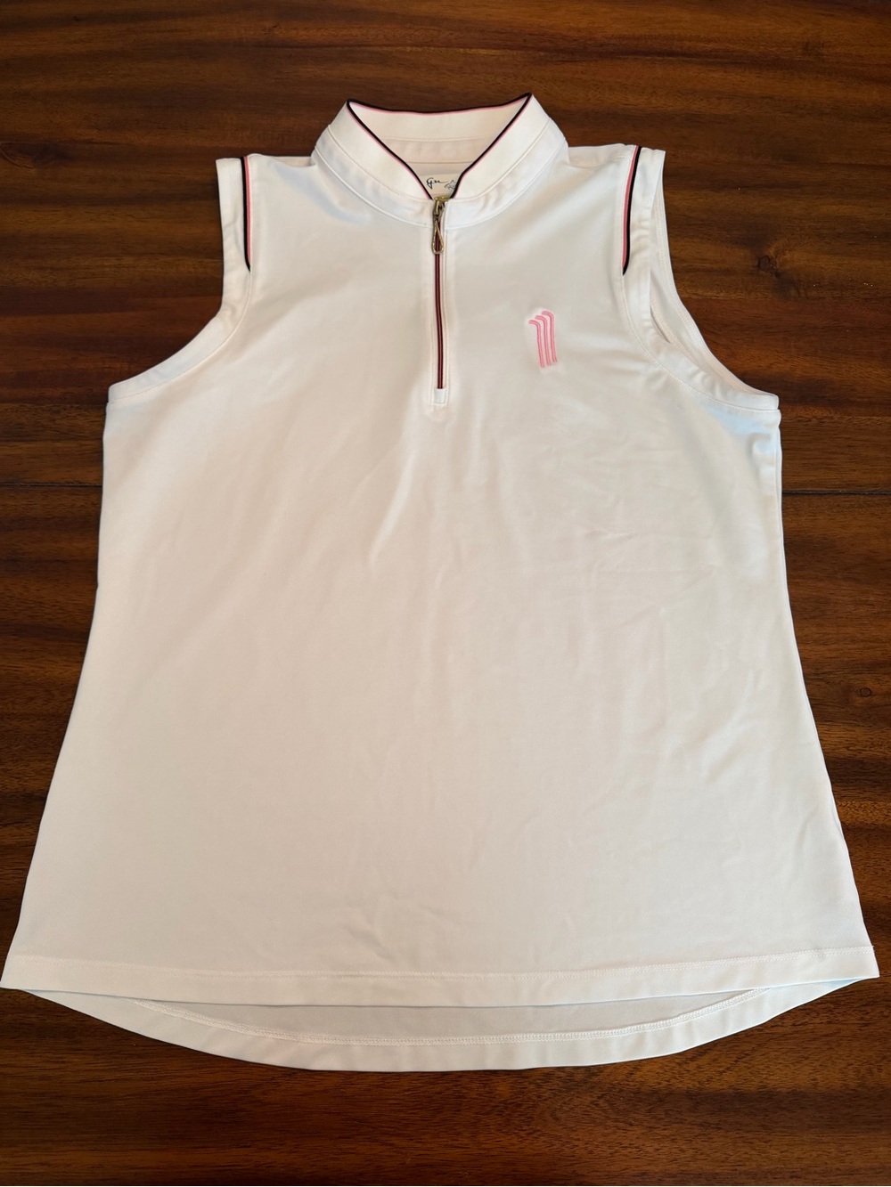 Greg Norman Women's White Sleeveless Zip Polo with Pink & Navy Trim